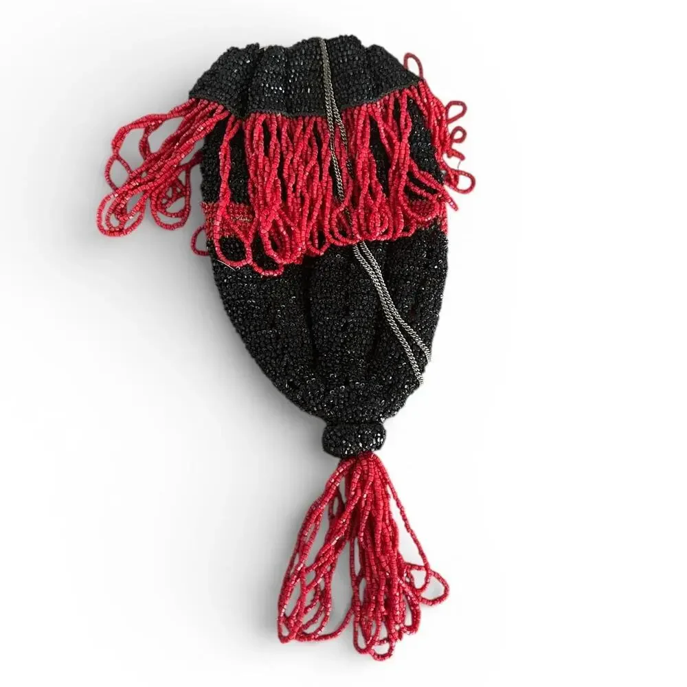 1920s Art Deco Black & Red Beaded Flapper Purse